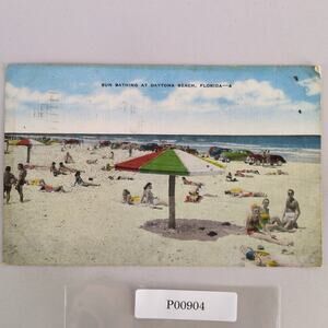 Sun Bathing at Daytona Beach Florida 1940s Linen Postcard 1951 Swimsuit Cars